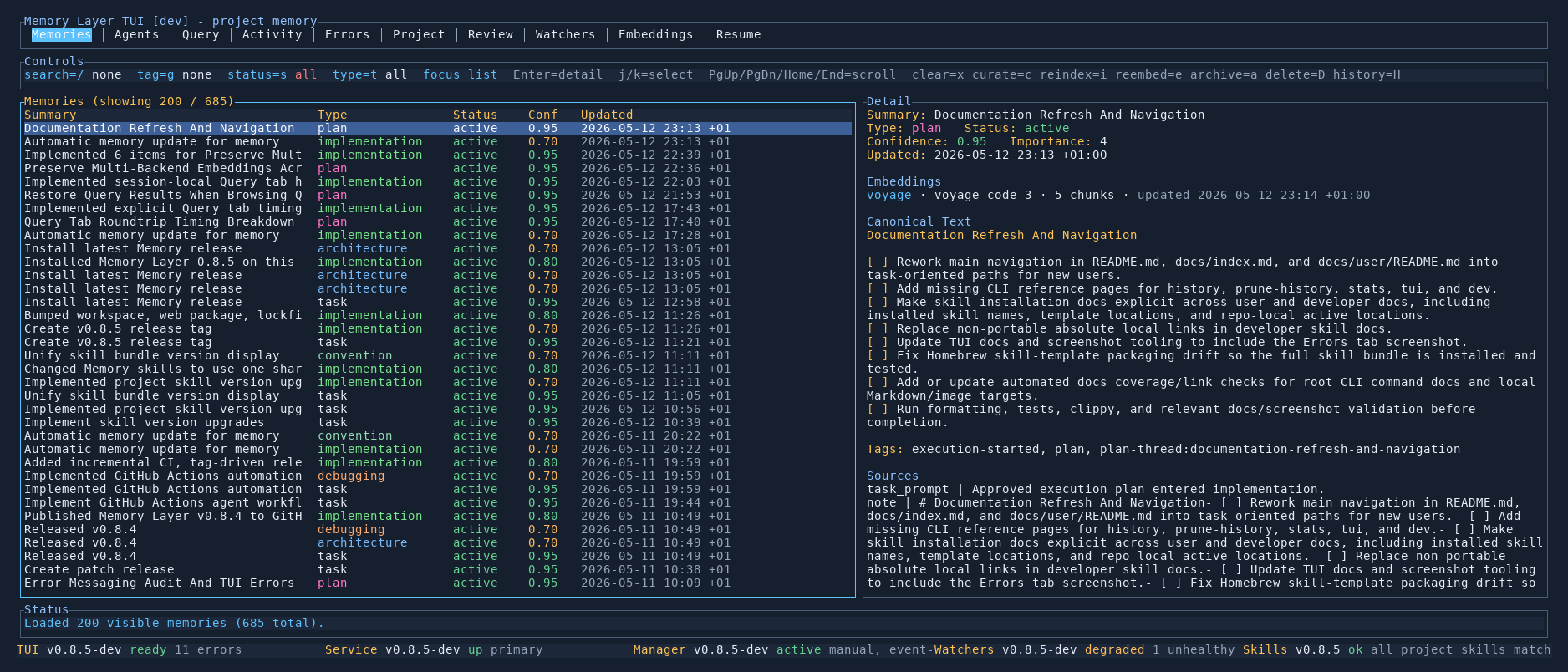 Memory Layer TUI Memories tab